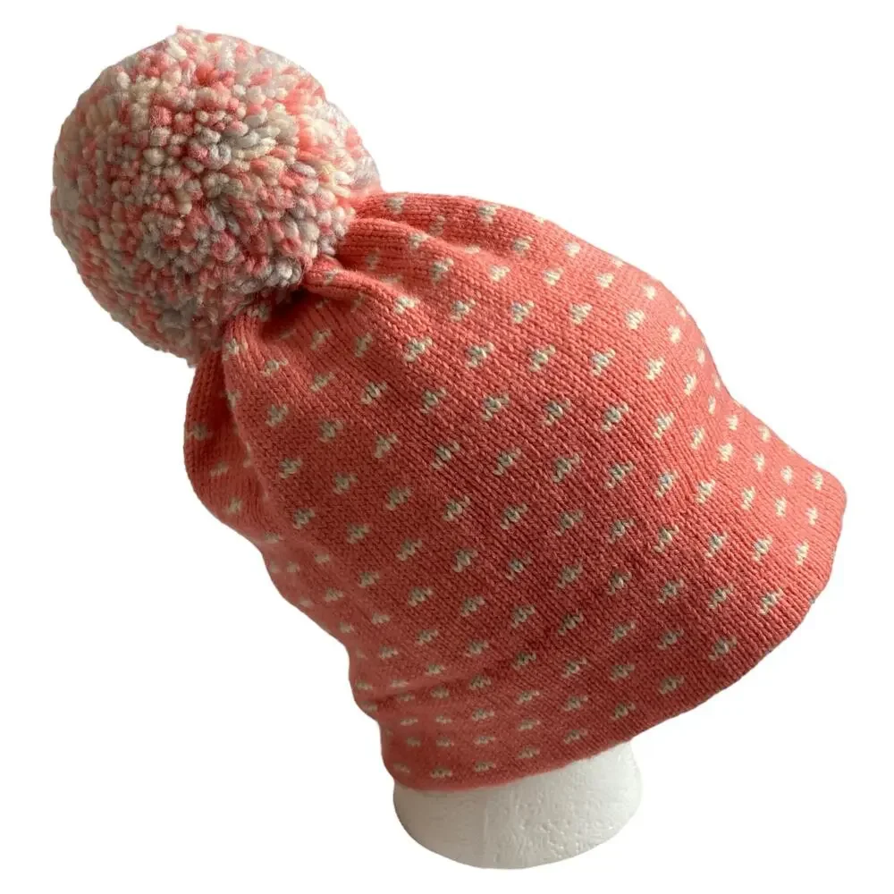 Vintage 80s Serac Wool Beanie Pink Birdseye Print Pom Pom Womens Ski Hat USA